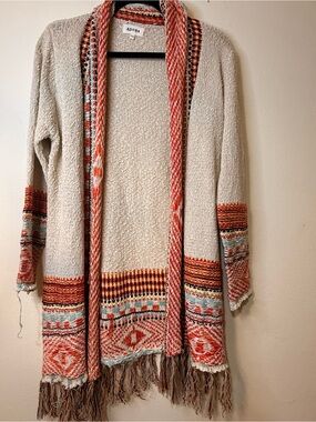 ADORA Cream Sweater Cardigan with Orange Multicolor Trim and Fringe